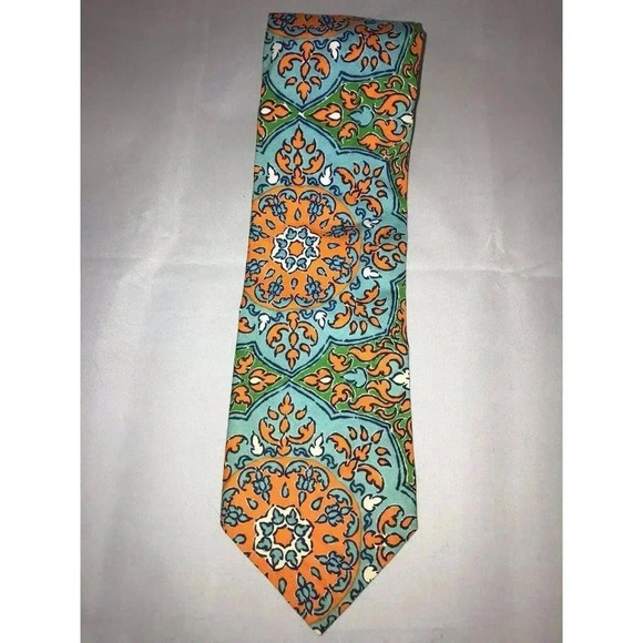 VTG Rooster Ruffler Collection Green Blue Orange Middle Eastern Tile Neck Tie - Picture 1 of 5